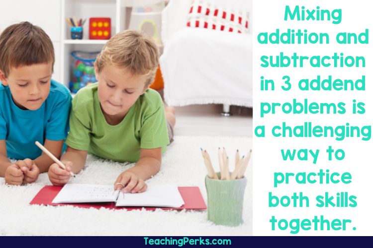 Addition practice for adding 3 numbers in 1st grade.